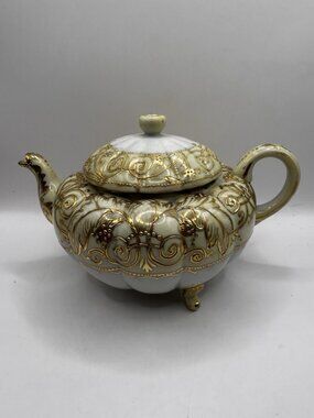 Antique Nippon Gold Moriage Teapot Hand Painted Japanese Porcelain Footed Gilt